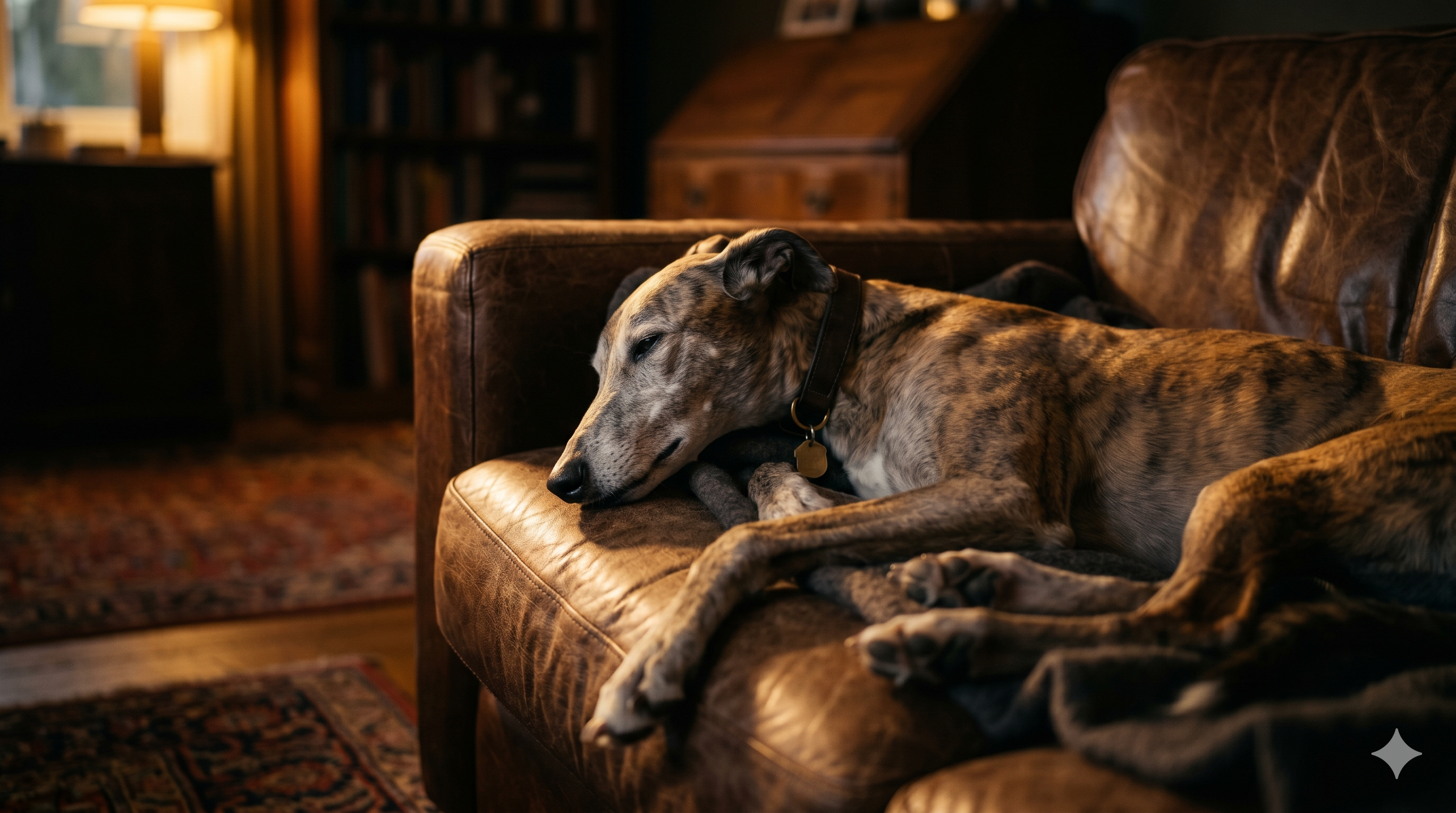 Elegant senior Greyhound resting calmly in soft light — collagen for puppies vs senior dogs and lifelong joint support
