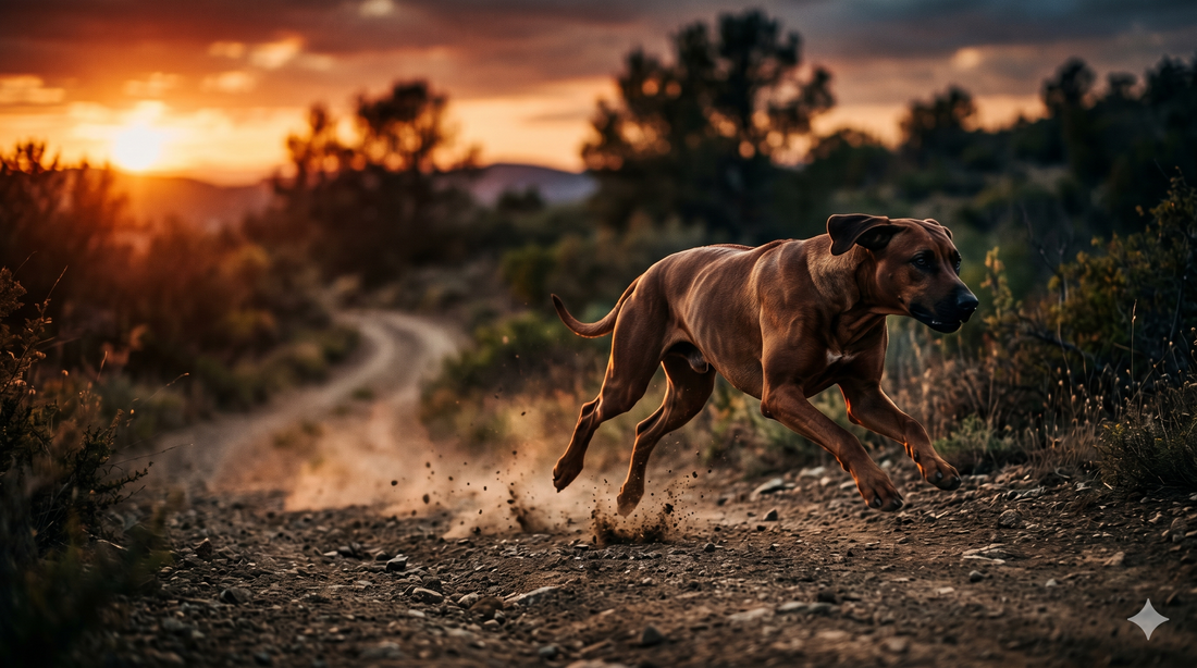 Athletic Rhodesian Ridgeback running at sunset with strong healthy joints — how UC-II collagen works for dogs