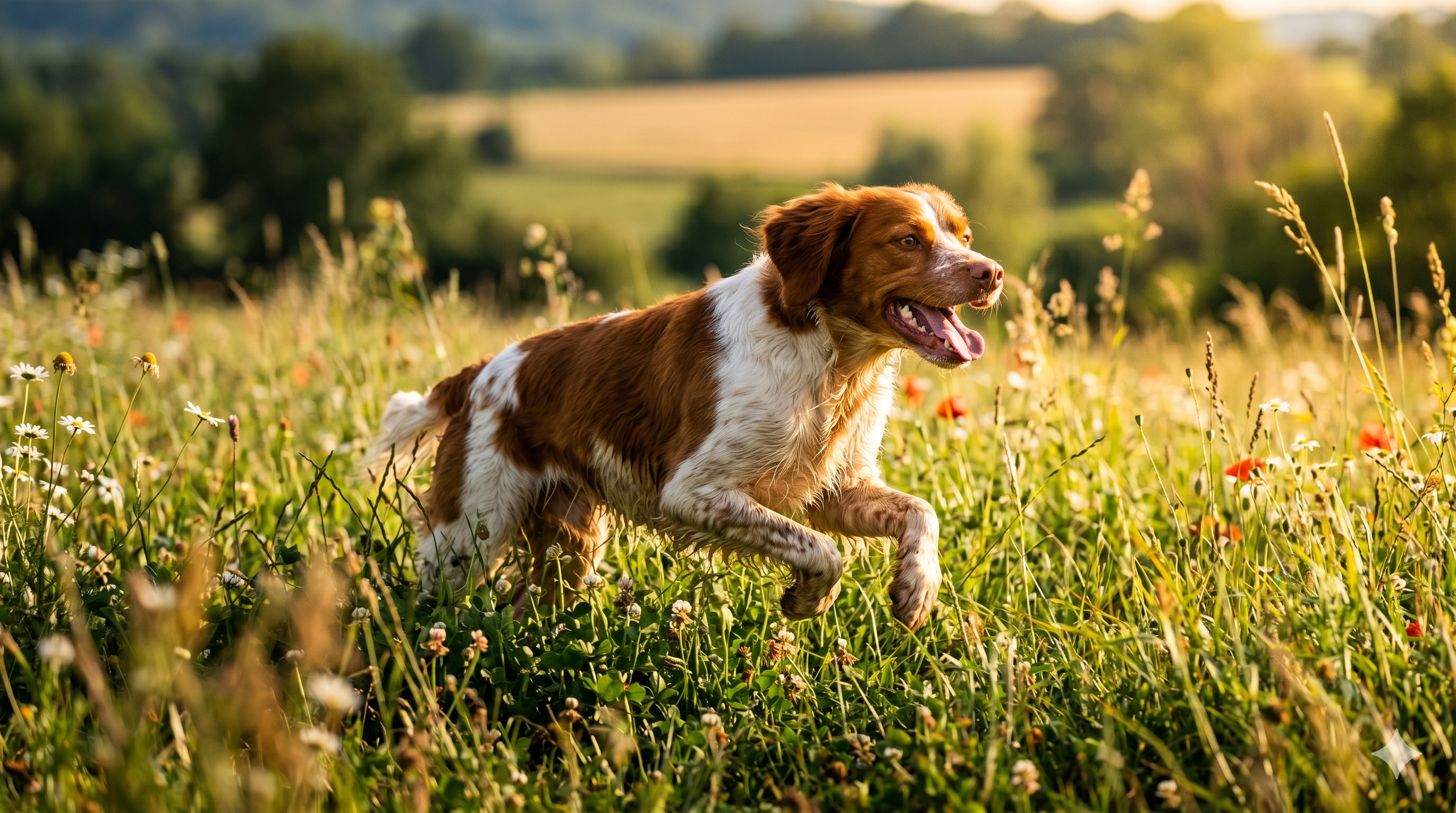 Happy healthy Brittany Spaniel in a sunlit meadow — inulin and dietary fiber caloric value for dogs