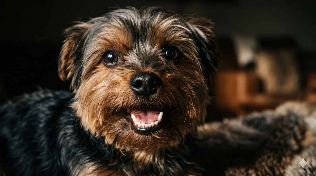 Yorkshire Terrier with clean white teeth — dog dental powder guide