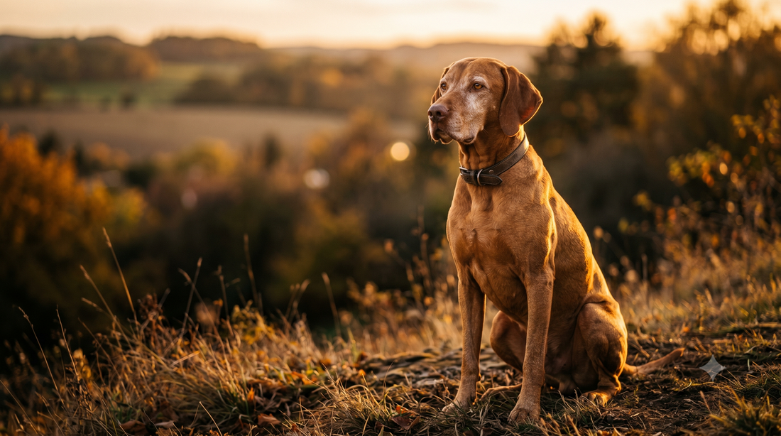 Healthy senior Vizsla dog in warm golden light, illustrating senior dog immune support