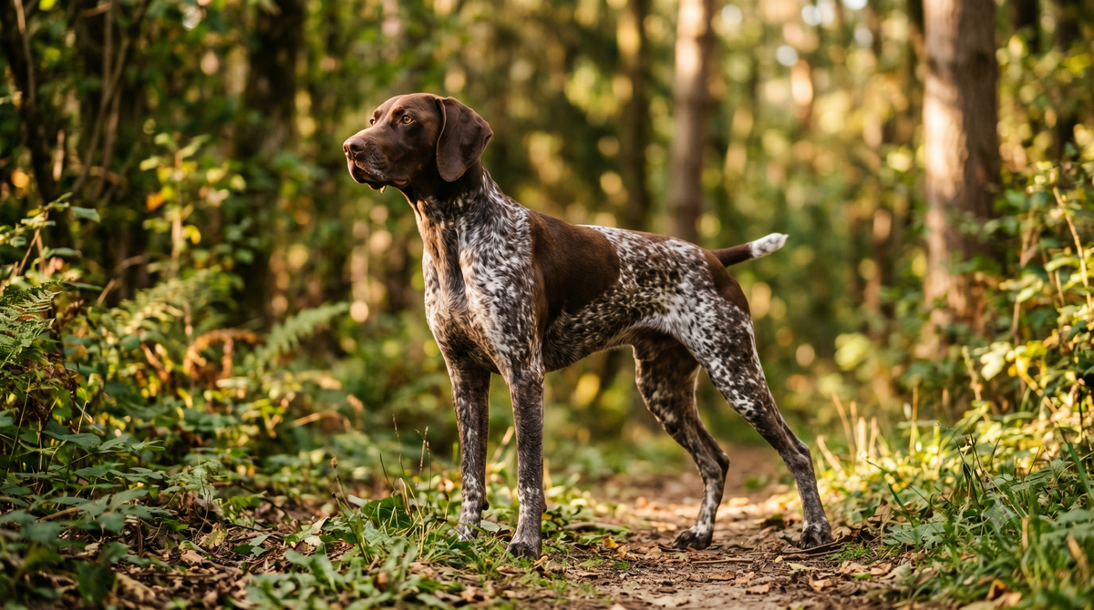 Healthy German Shorthaired Pointer standing alert in sunlit forest, illustrating probiotics for dogs research
