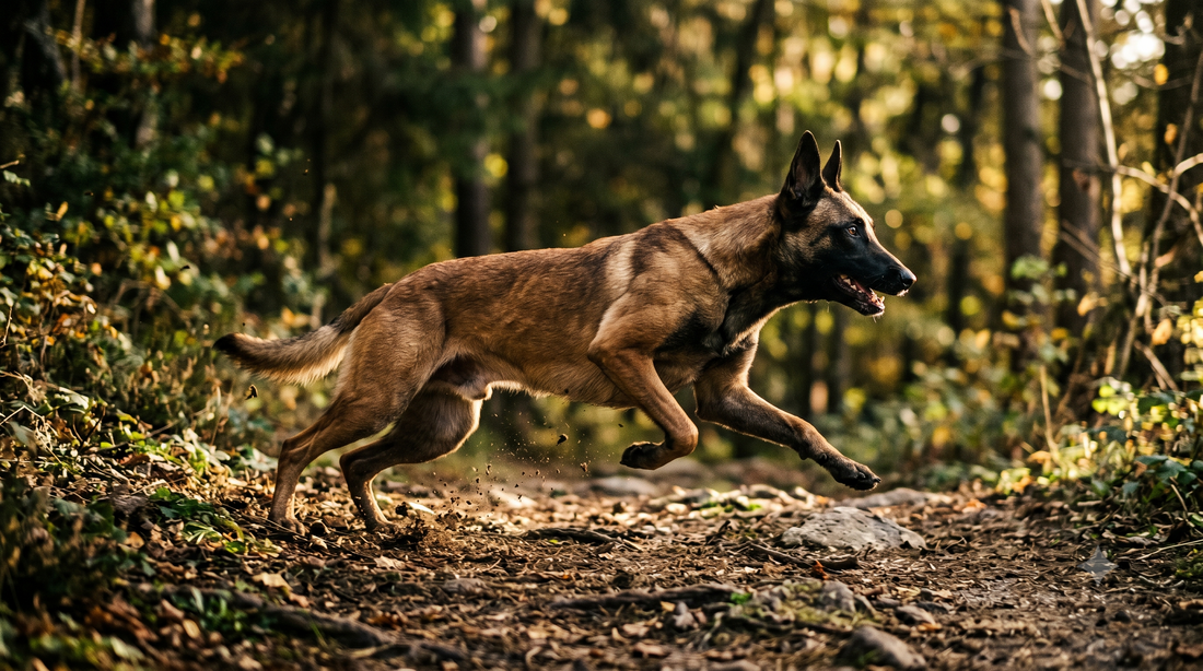 Athletic Belgian Malinois running through dappled forest light, illustrating dog joint mobility for the Dasuquin vs Cosequin comparison