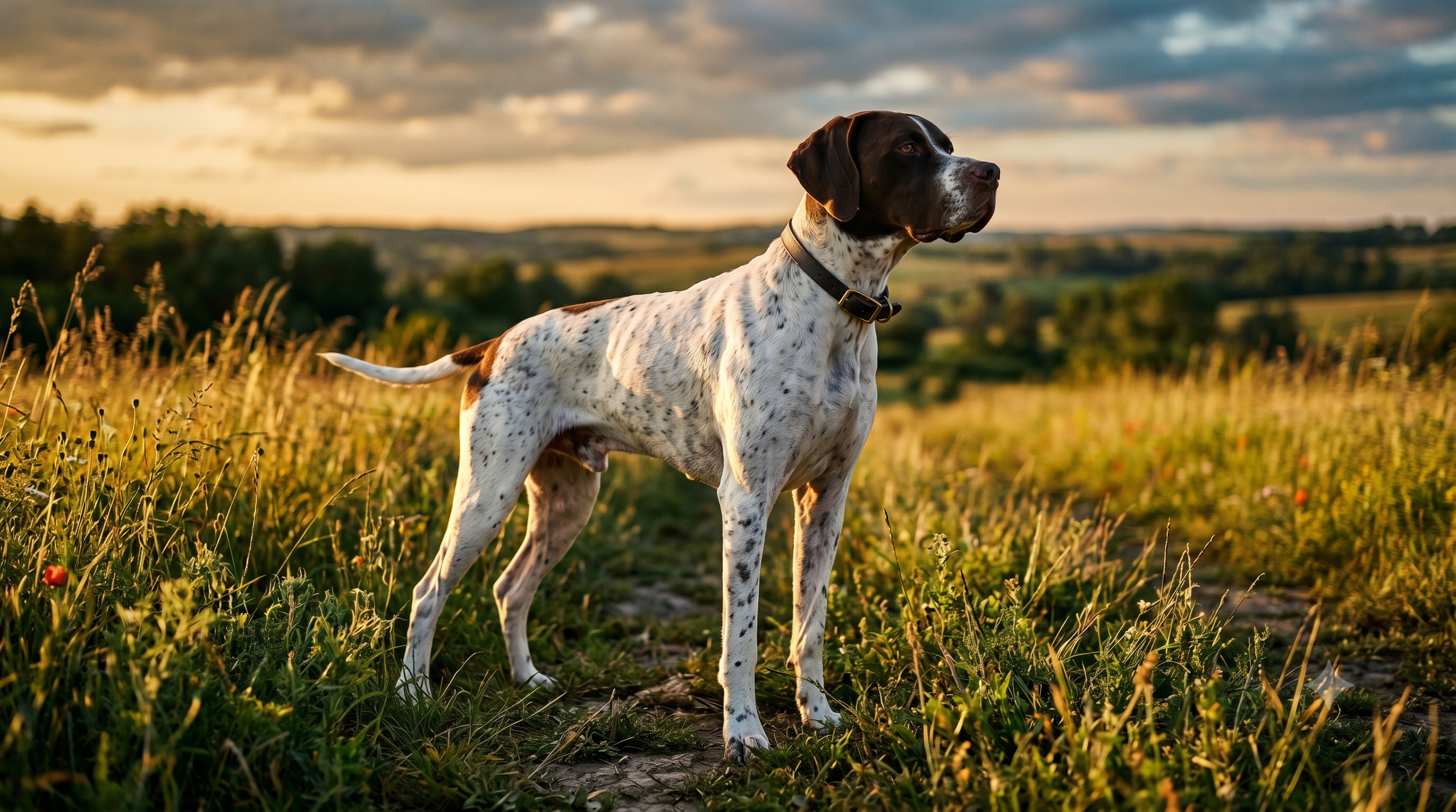 Healthy English Pointer standing proud in a golden meadow, illustrating vet-recommended joint supplements for dogs