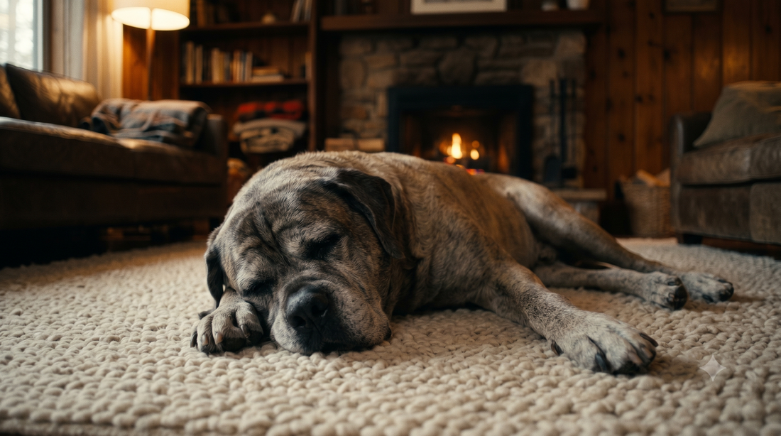 Senior English Mastiff resting comfortably on a rug by a warm fireplace, illustrating how to help a dog with arthritis at home