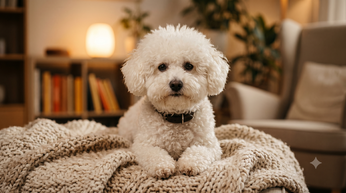 Calm fluffy Bichon Frise resting in a cozy warm-lit room, illustrating the best calming supplement for dogs