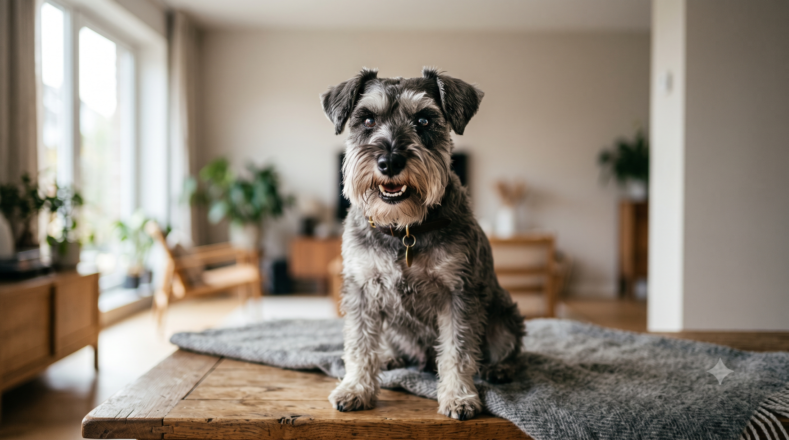 A Miniature Schnauzer showing clean teeth, comparing dog toothpaste vs dental powder for dog oral care.