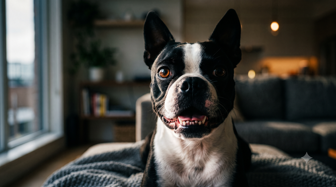 A close-up of a Boston Terrier, illustrating how to address dog bad breath and freshen a dog's breath.