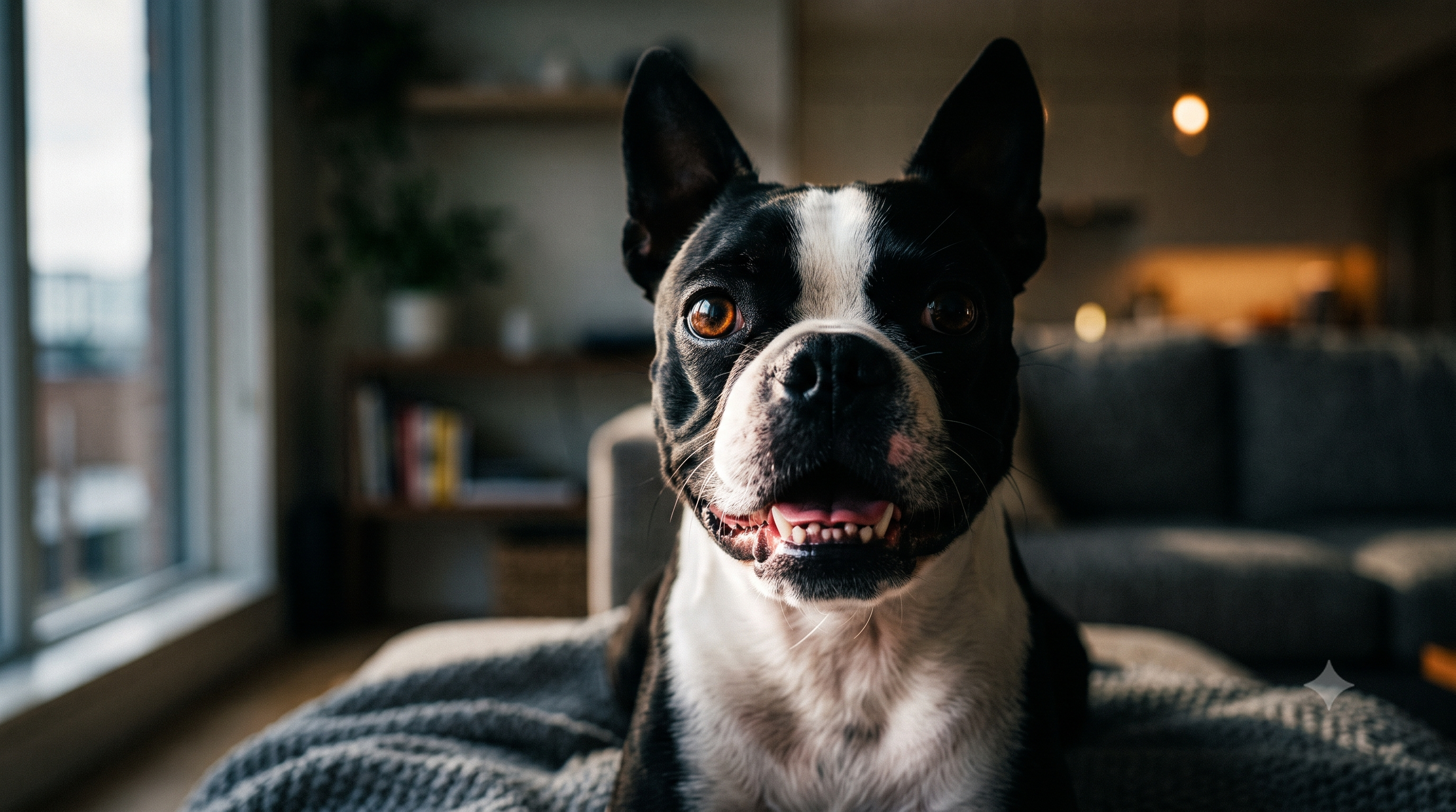A close-up of a Boston Terrier, illustrating how to address dog bad breath and freshen a dog's breath.