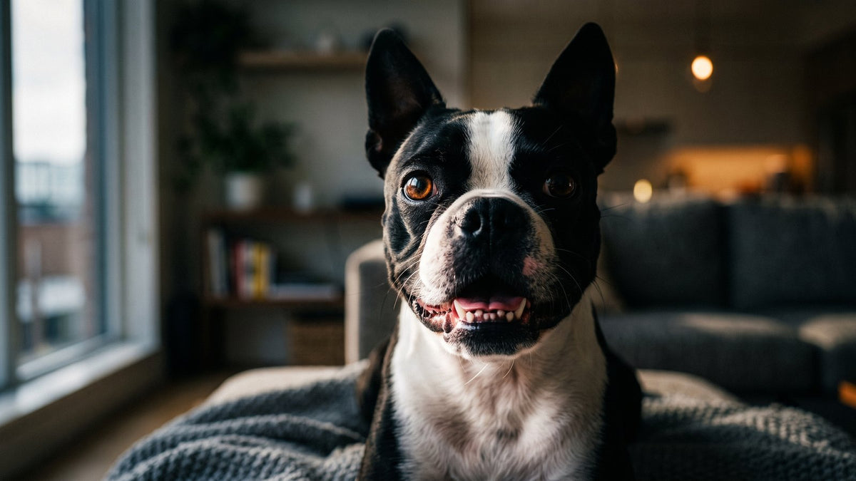 Boston Terrier with an open mouth showing its teeth at home, illustrating dog bad breath causes and red flags