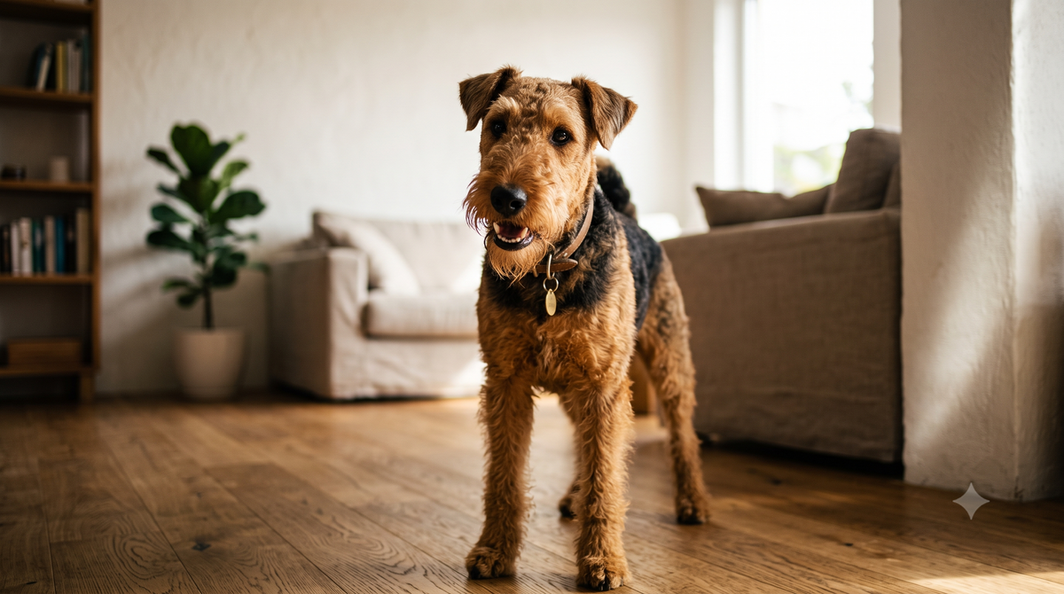 An Airedale Terrier with healthy teeth, illustrating the best dental chews for dogs for cleaner teeth.