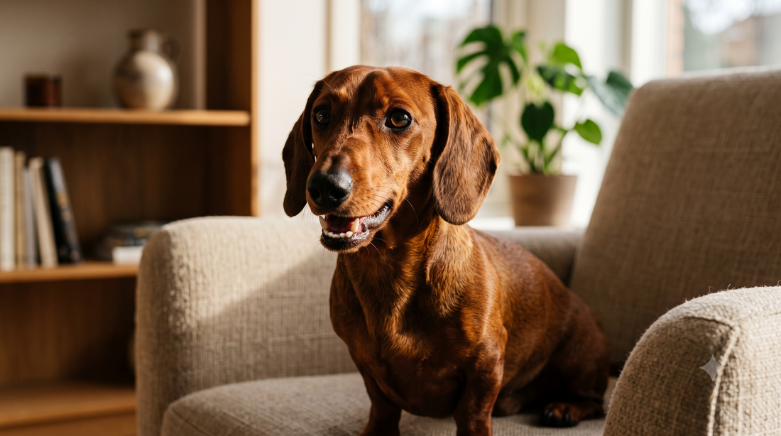 A Dachshund with clean white teeth, illustrating enzymatic dog toothpaste for plaque control.