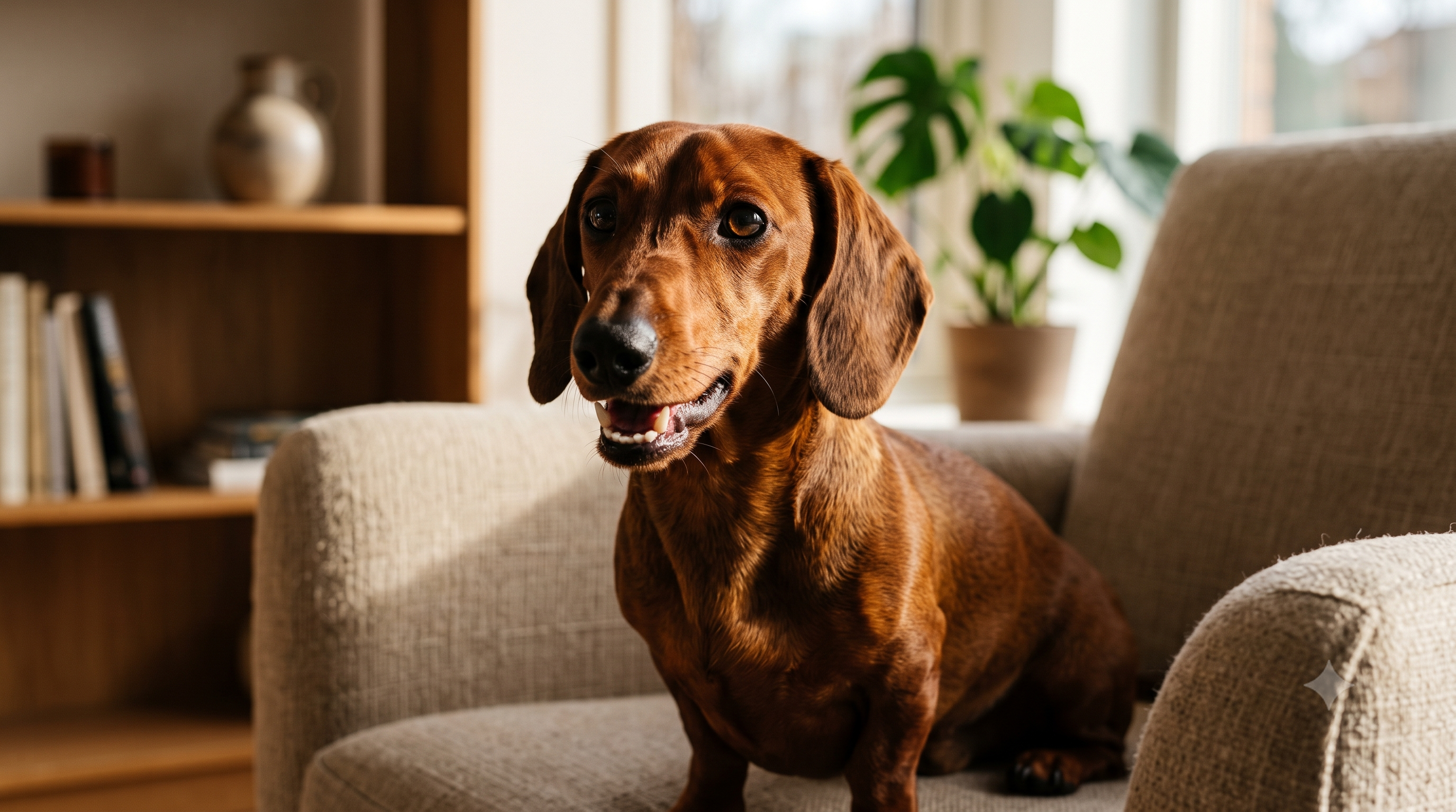 A Dachshund with clean white teeth, illustrating enzymatic dog toothpaste for plaque control.