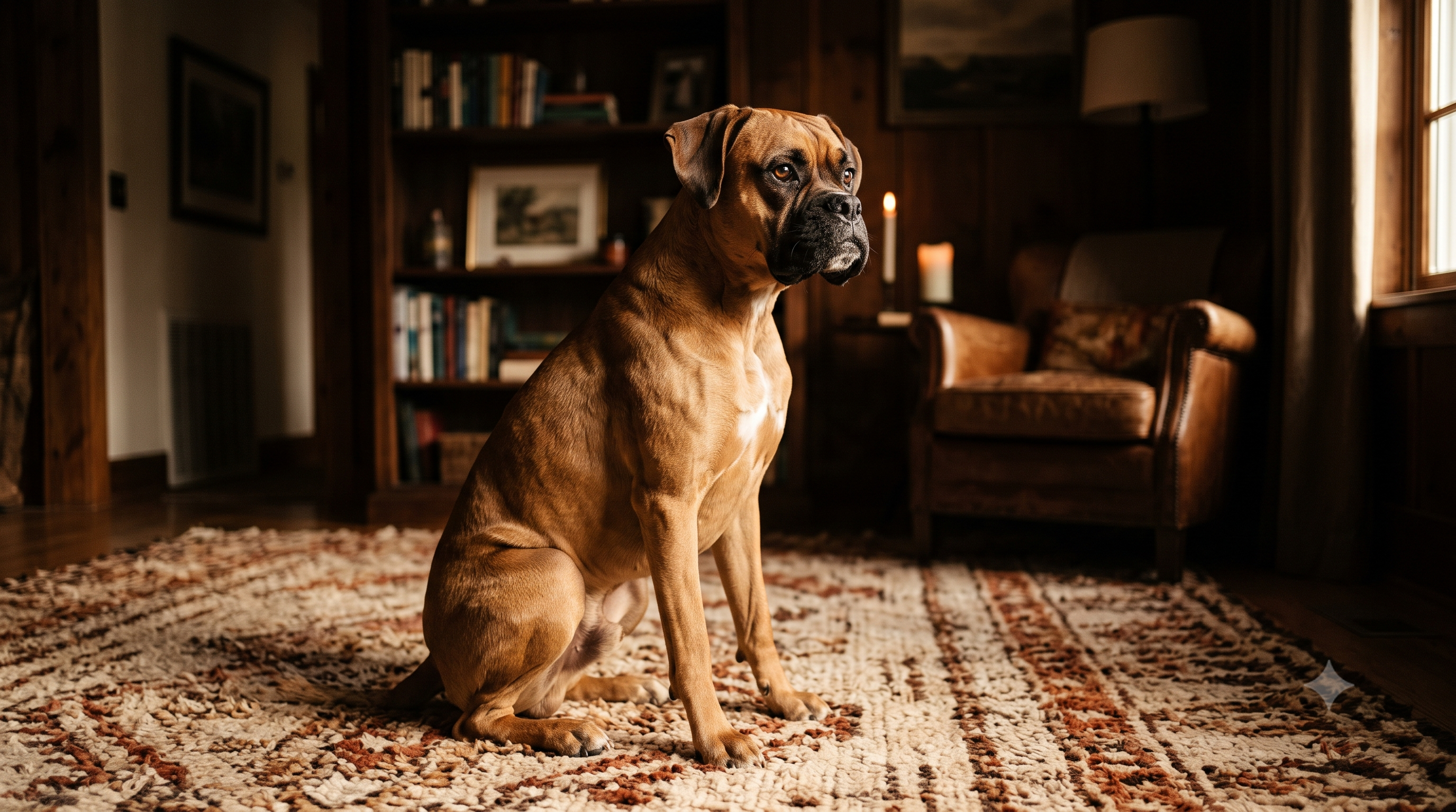 Short-haired dog resting calmly at home, illustrating dog yeast infection black spots and skin hyperpigmentation in dogs