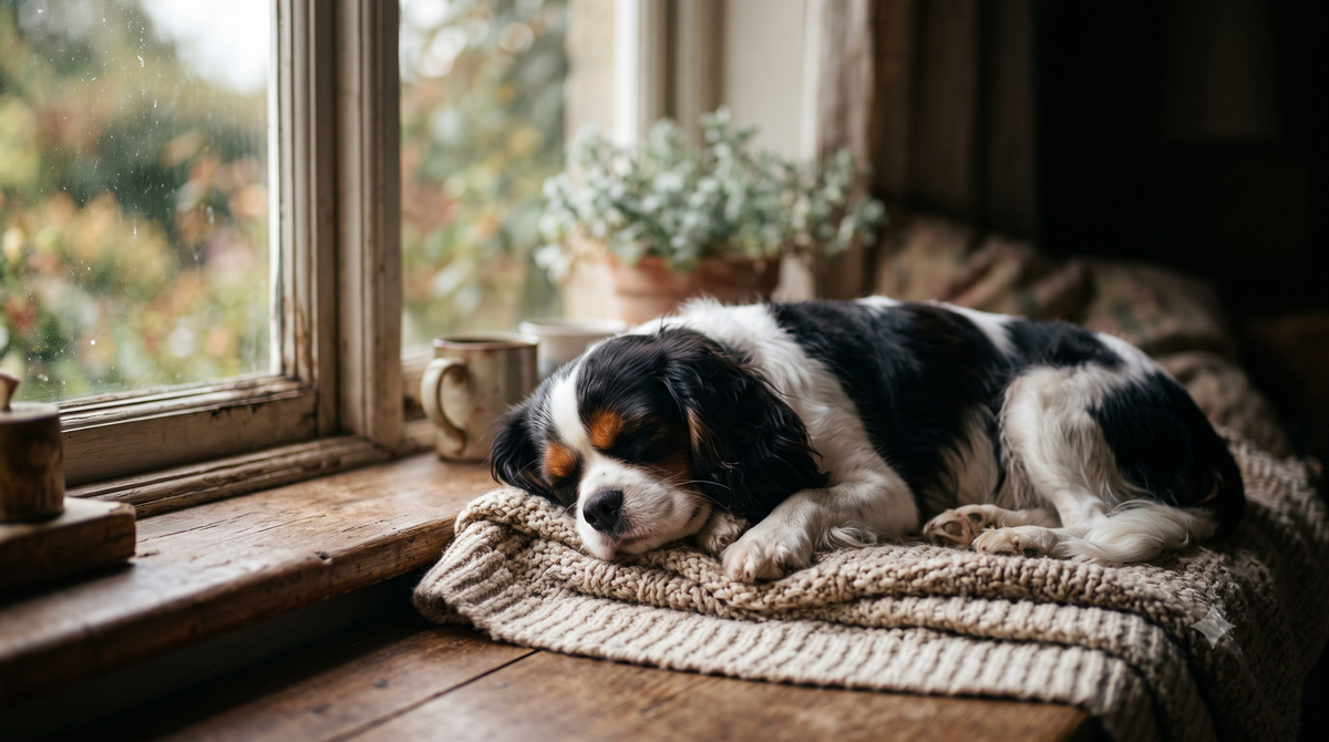 Calm relaxed dog resting in soft light, illustrating how anxiety supplements for dogs fit into a calming plan