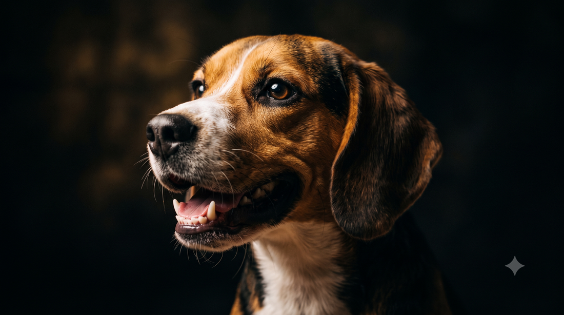 Healthy Beagle with clean white teeth and pink gums, illustrating a Plaque Off for dogs dental powder review