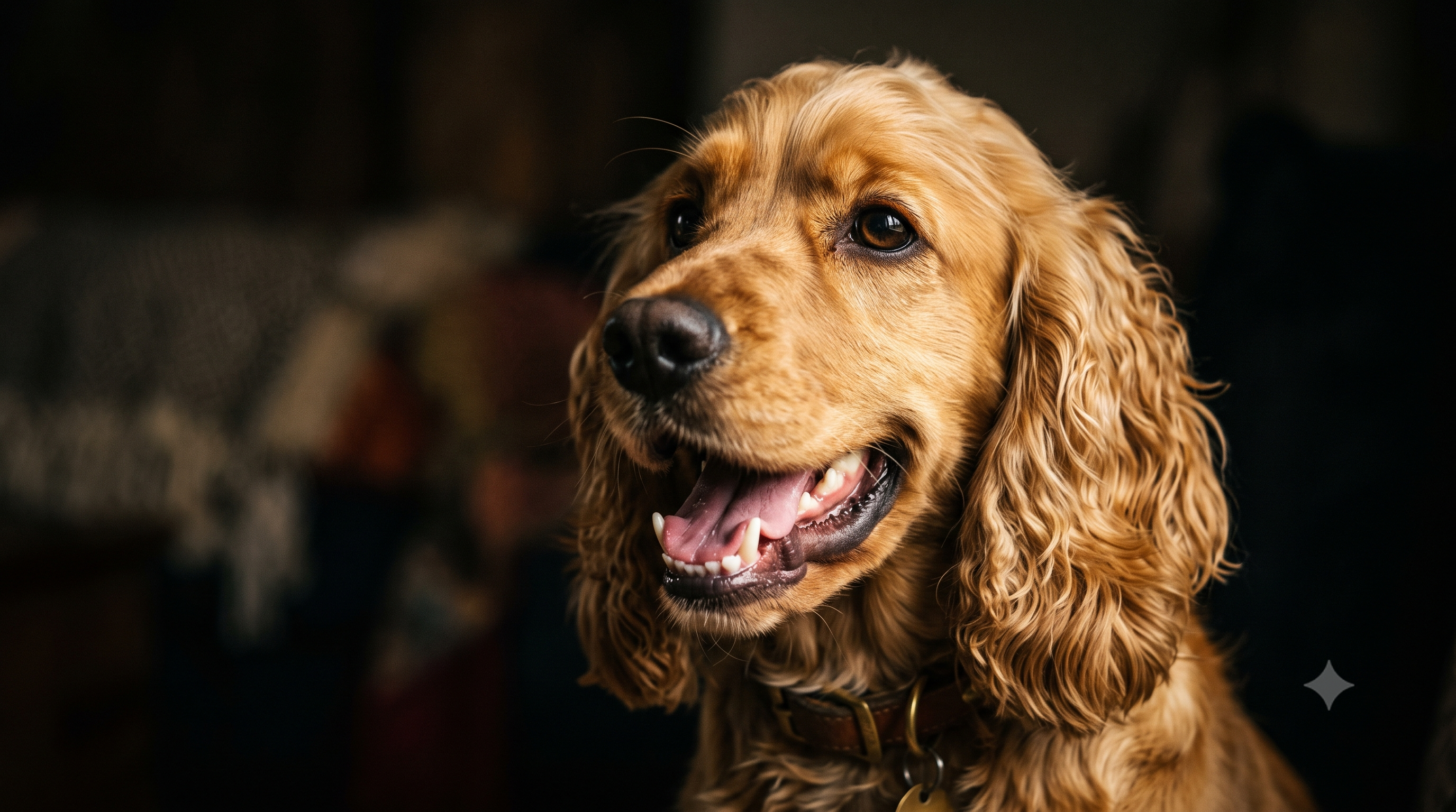 Healthy golden Cocker Spaniel smiling with clean teeth, illustrating an Iron Paws dental powder for dogs review