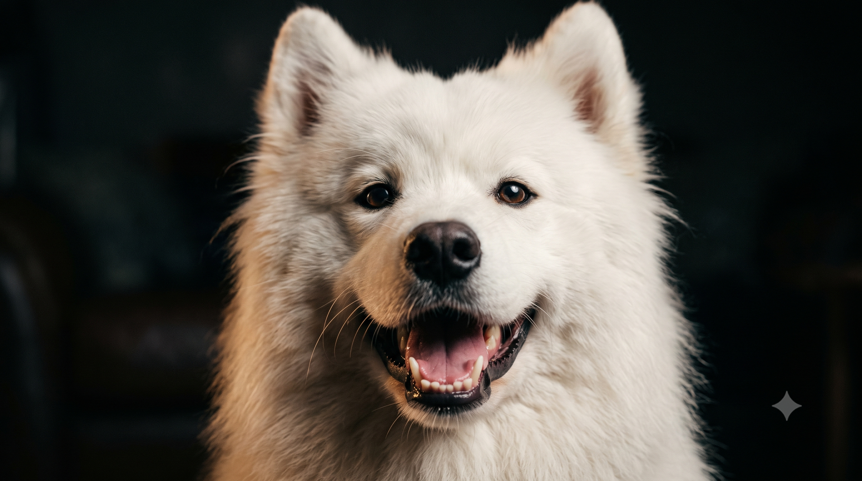 Healthy white Samoyed smiling with clean teeth, illustrating a ProBright Advanced vs Prodenta for dogs comparison review
