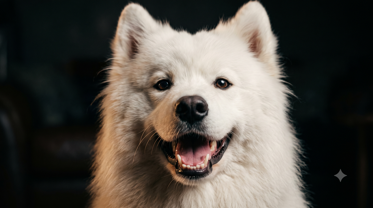 Healthy white Samoyed smiling with clean teeth, illustrating a ProBright Advanced vs Prodenta for dogs comparison review