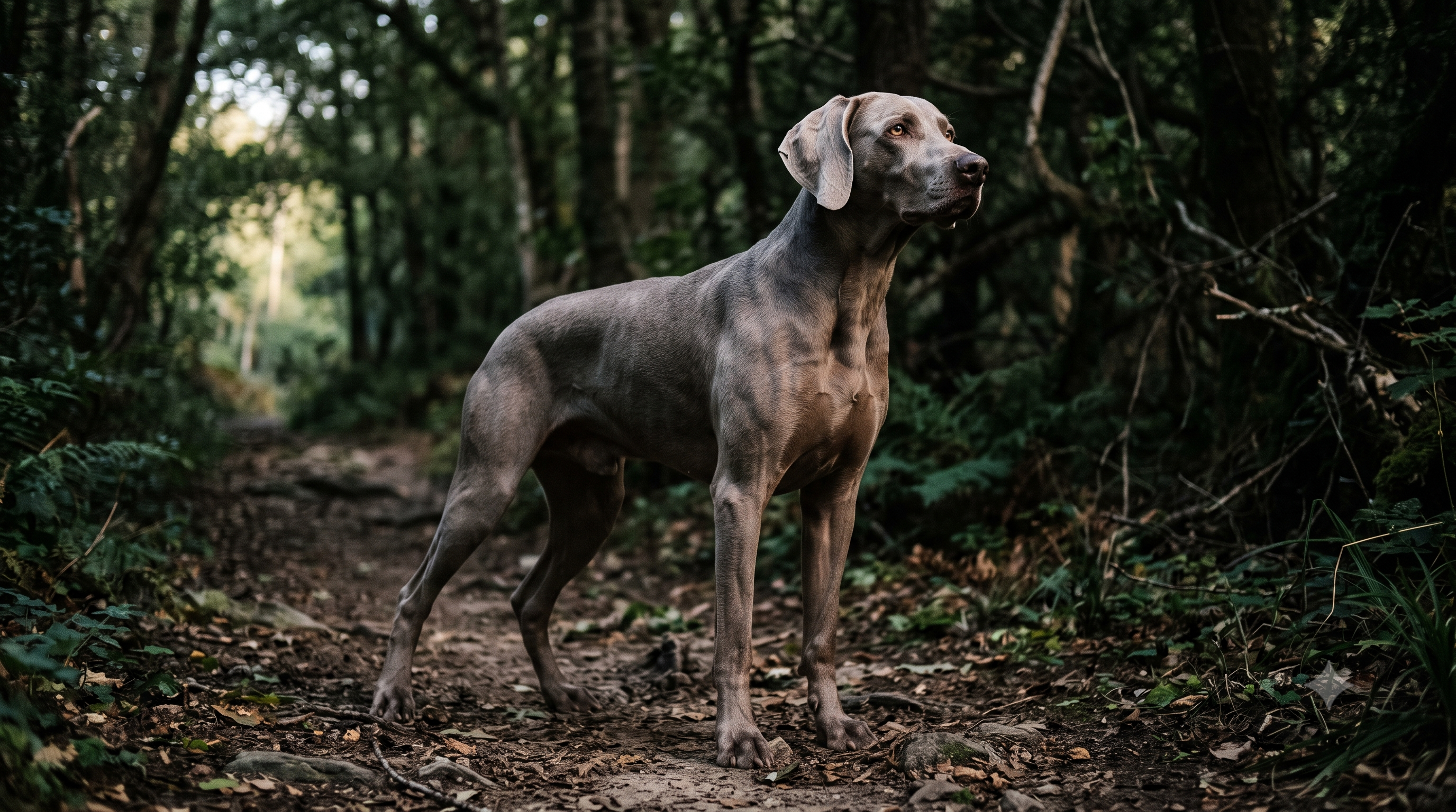Athletic Weimaraner standing on a forest trail showing strong joints and mobility, illustrating UC-II collagen versus glucosamine for dogs
