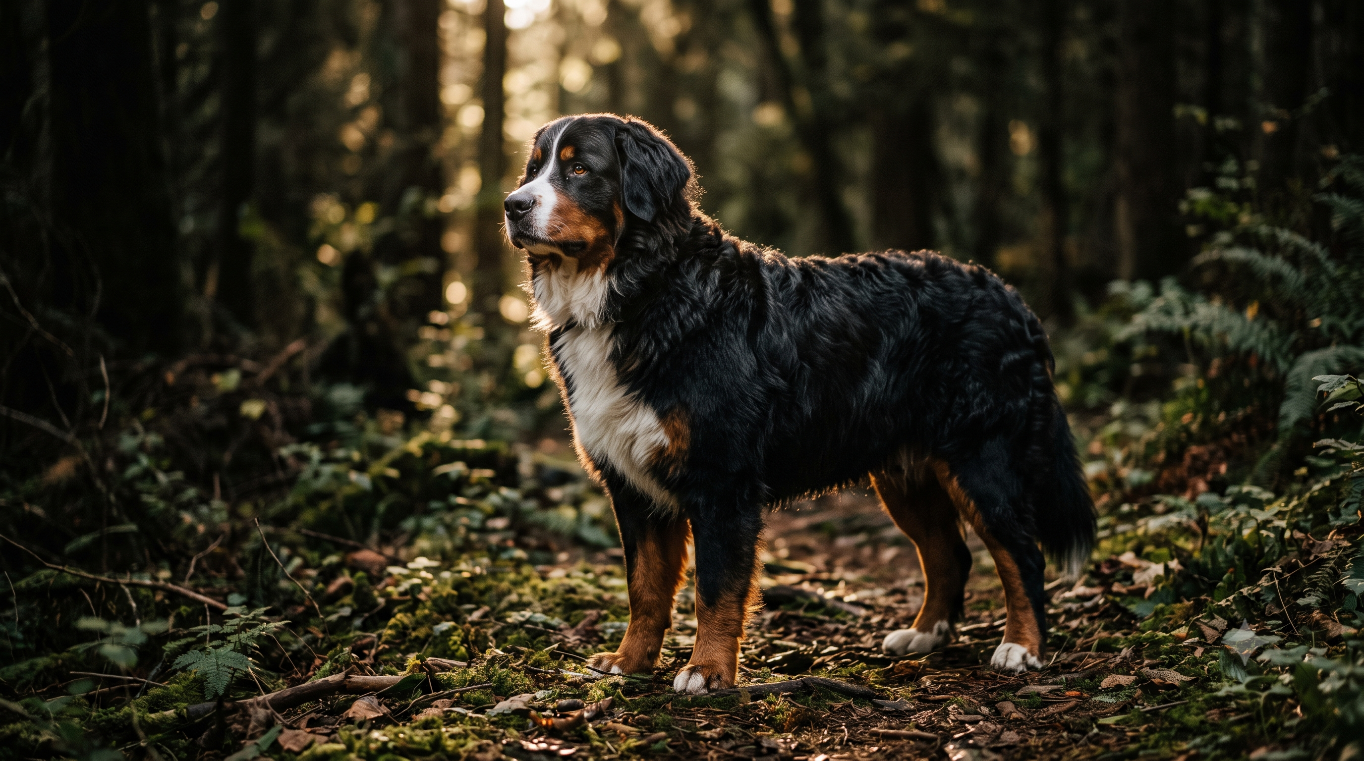 Large adult Bernese Mountain Dog standing in a forest showing healthy joints and mobility, illustrating green-lipped mussel for canine osteoarthritis