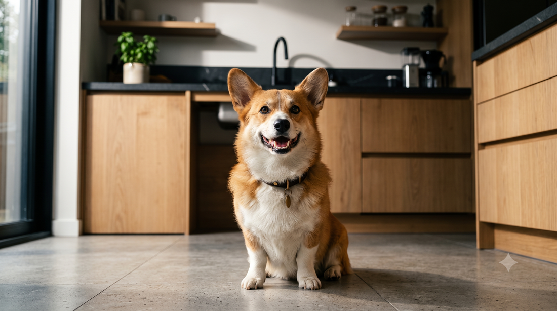 Pembroke Welsh Corgi with clean healthy teeth in a bright kitchen — homemade dog toothpaste and dental care