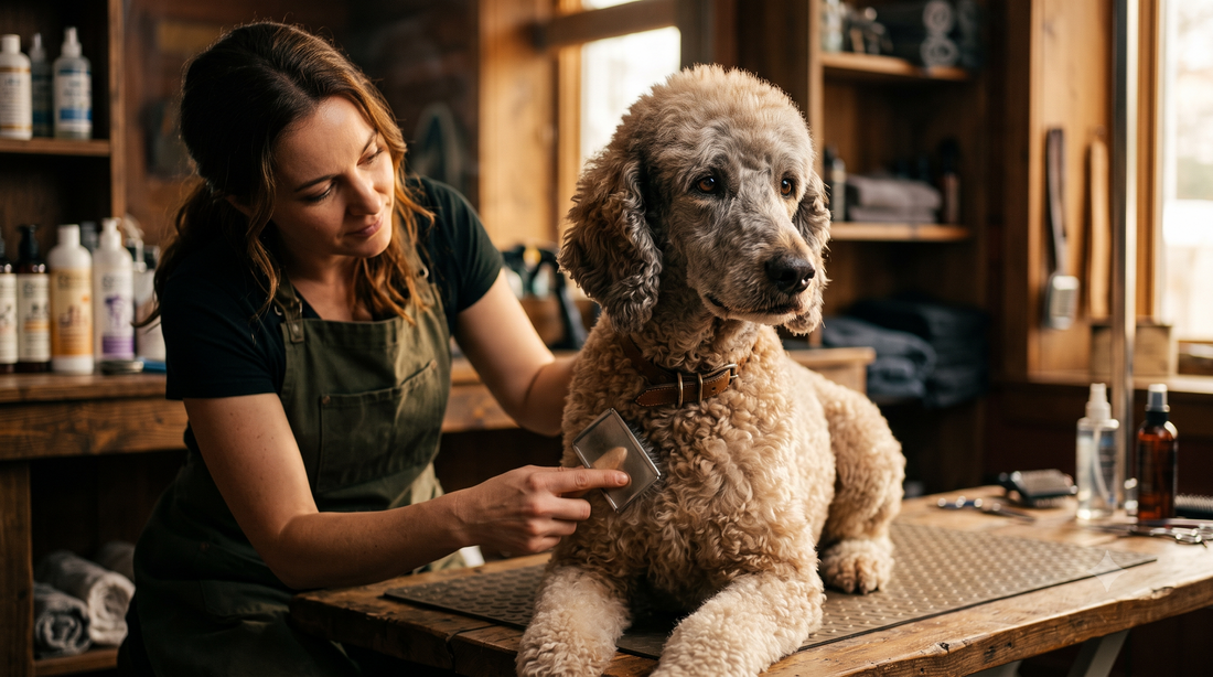Senior Standard Poodle with a grey muzzle being gently groomed — essential grooming tips for older dogs