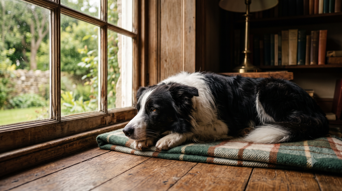 Border Collie resting and breathing calmly by a window — dog cough and respiratory drops support