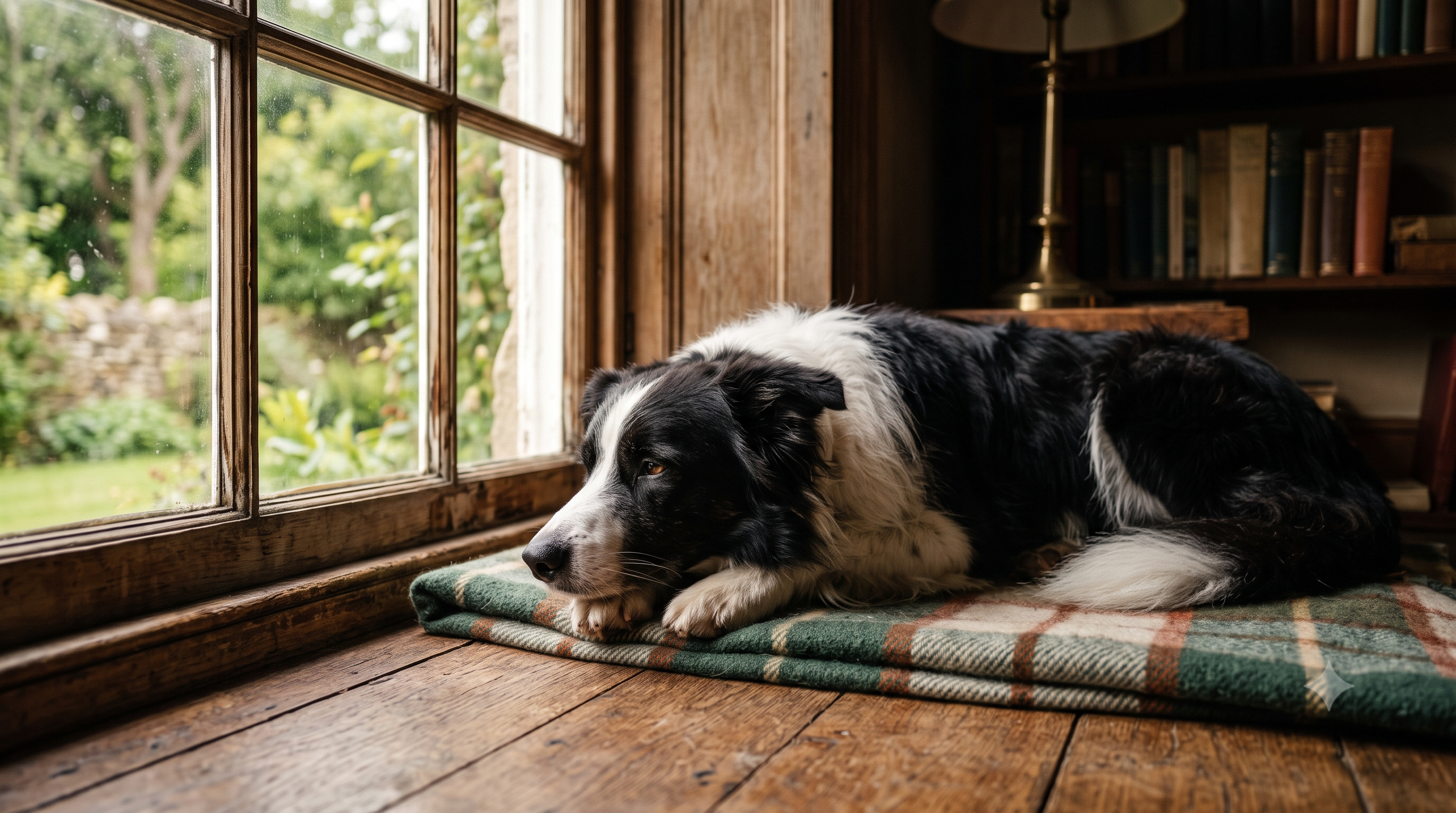 Border Collie resting and breathing calmly by a window — dog cough and respiratory drops support