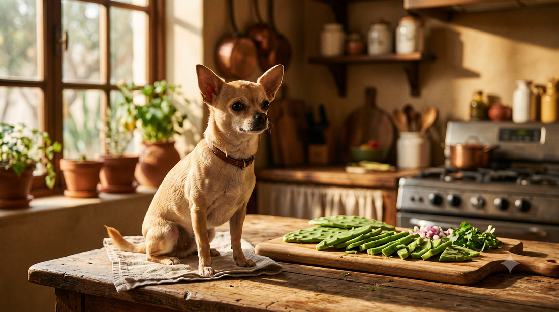 Fawn Chihuahua sitting in a sunny kitchen beside fresh sliced nopales cactus pads