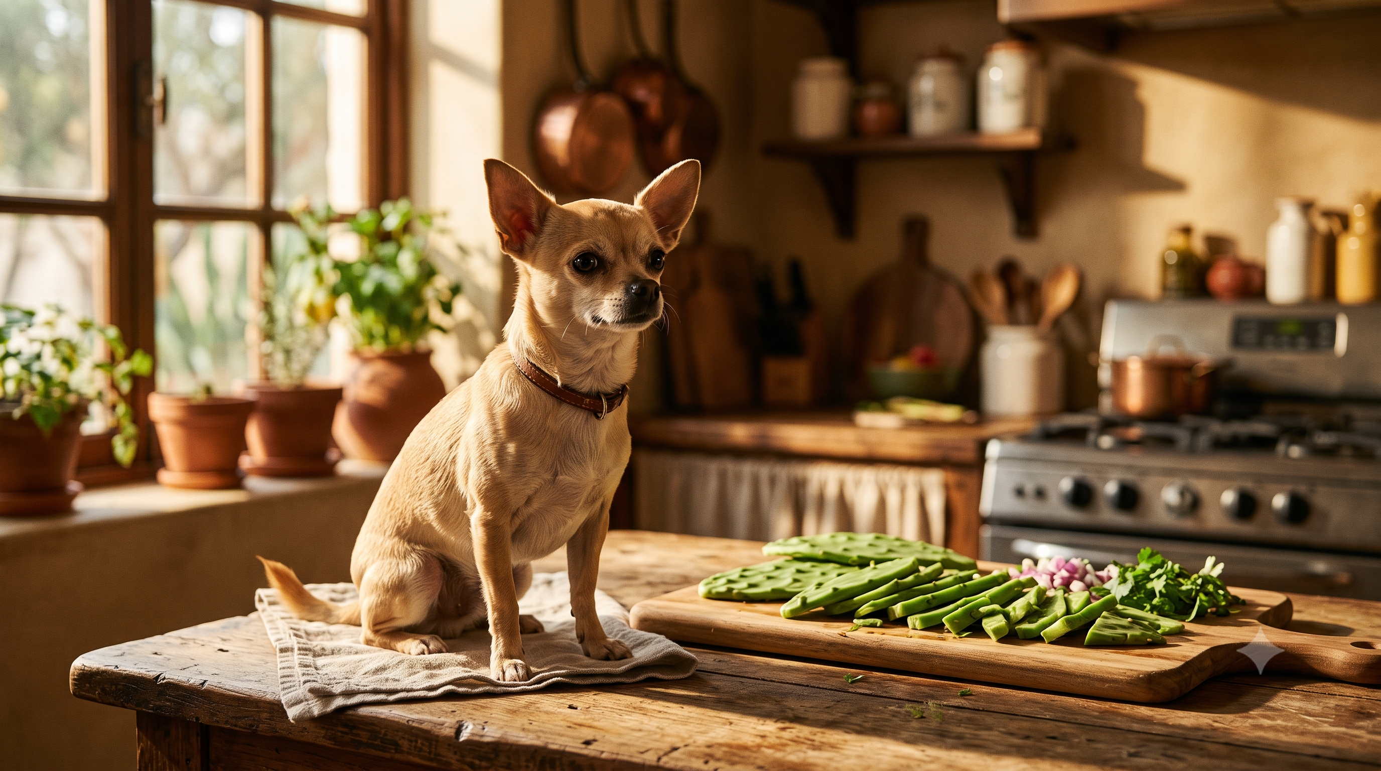 Fawn Chihuahua sitting in a sunny kitchen beside fresh sliced nopales cactus pads