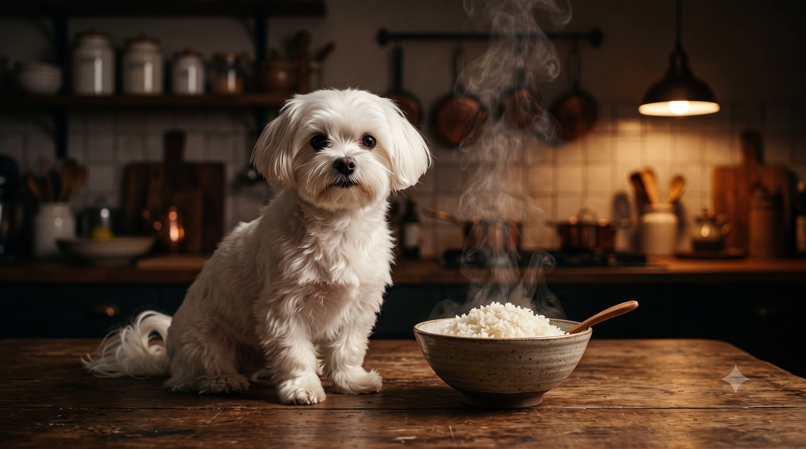 White Maltese dog beside a steaming bowl of jasmine rice in a warm kitchen