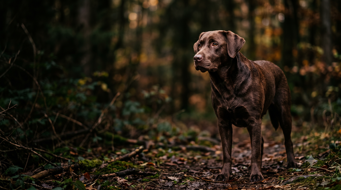 Alert chocolate Labrador Retriever tilting its head with ears perked toward a sound