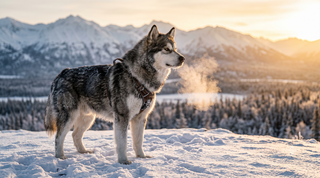 Alaskan Malamute sled dog standing in a snowy mountain landscape at sunrise