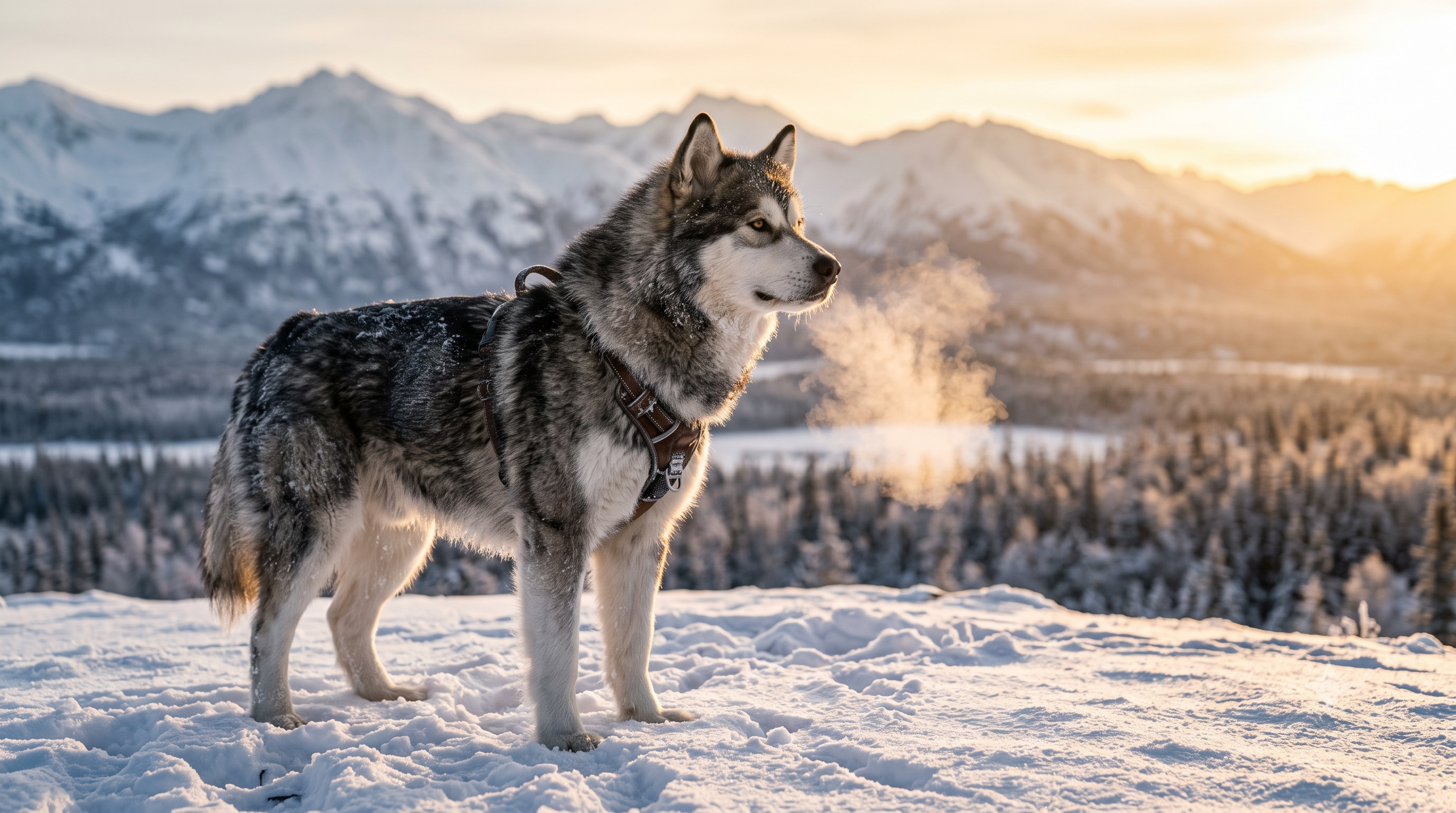 Alaskan Malamute sled dog standing in a snowy mountain landscape at sunrise