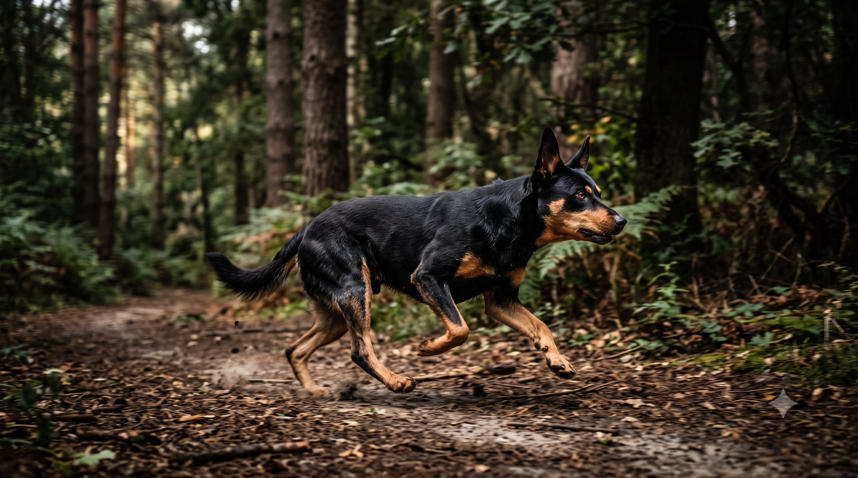 Athletic Australian Kelpie running on a forest trail, a top dog breed for bikejoring