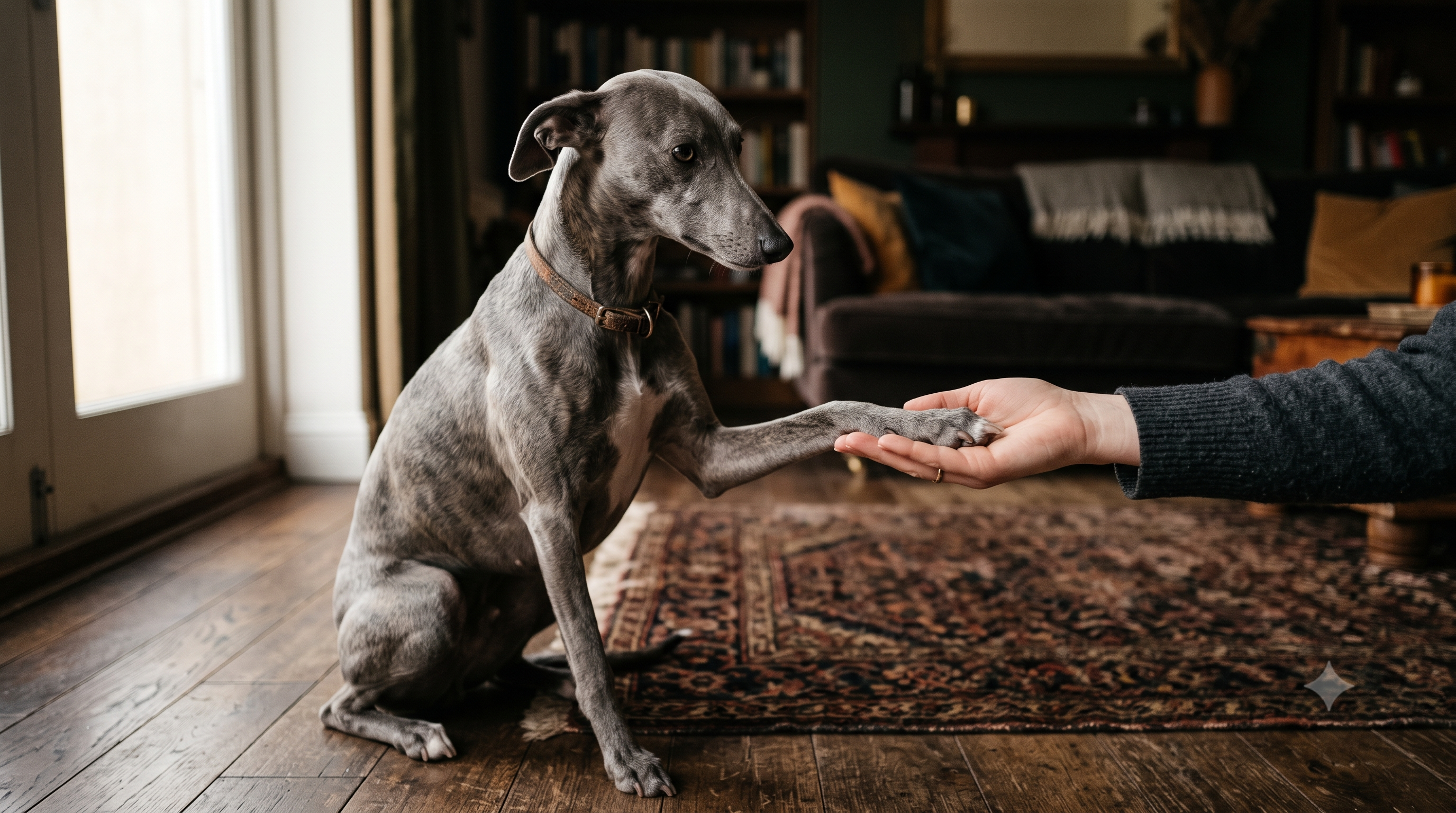 Calm grey Whippet offering its paw to a gentle human hand during cooperative care