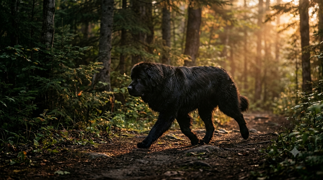 Newfoundland dog walking with a strong fluid gait on a forest trail, illustrating the Gupta 2012 UC-II collagen vs glucosamine force plate study in dogs