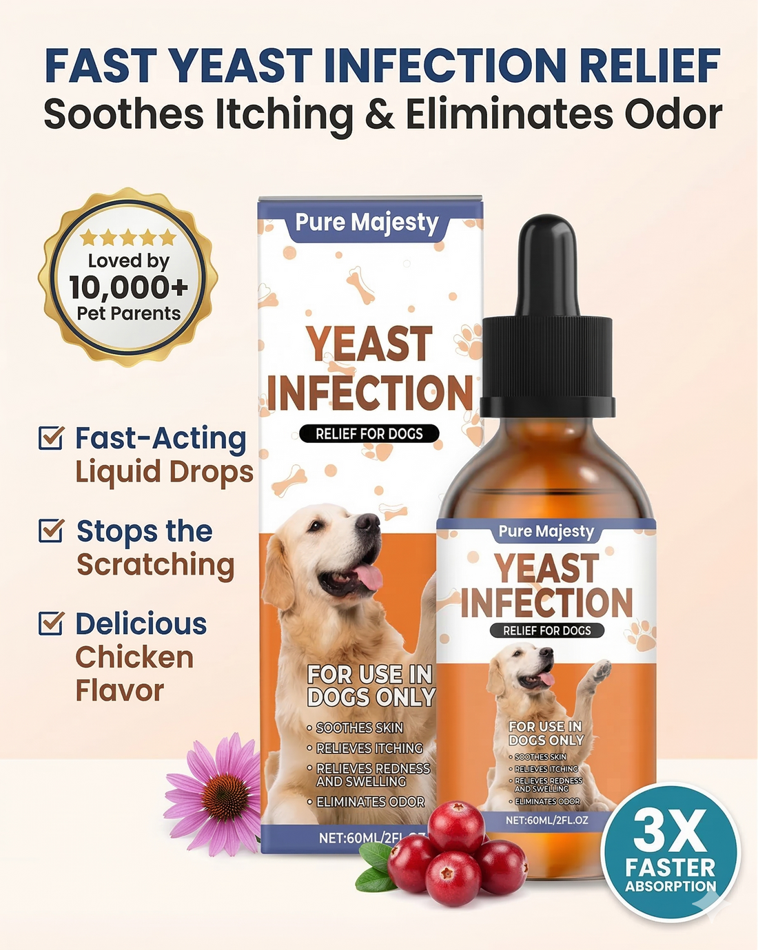 Pure Majesty Pets natural dog yeast infection treatment drops for itchy skin, ears and paws