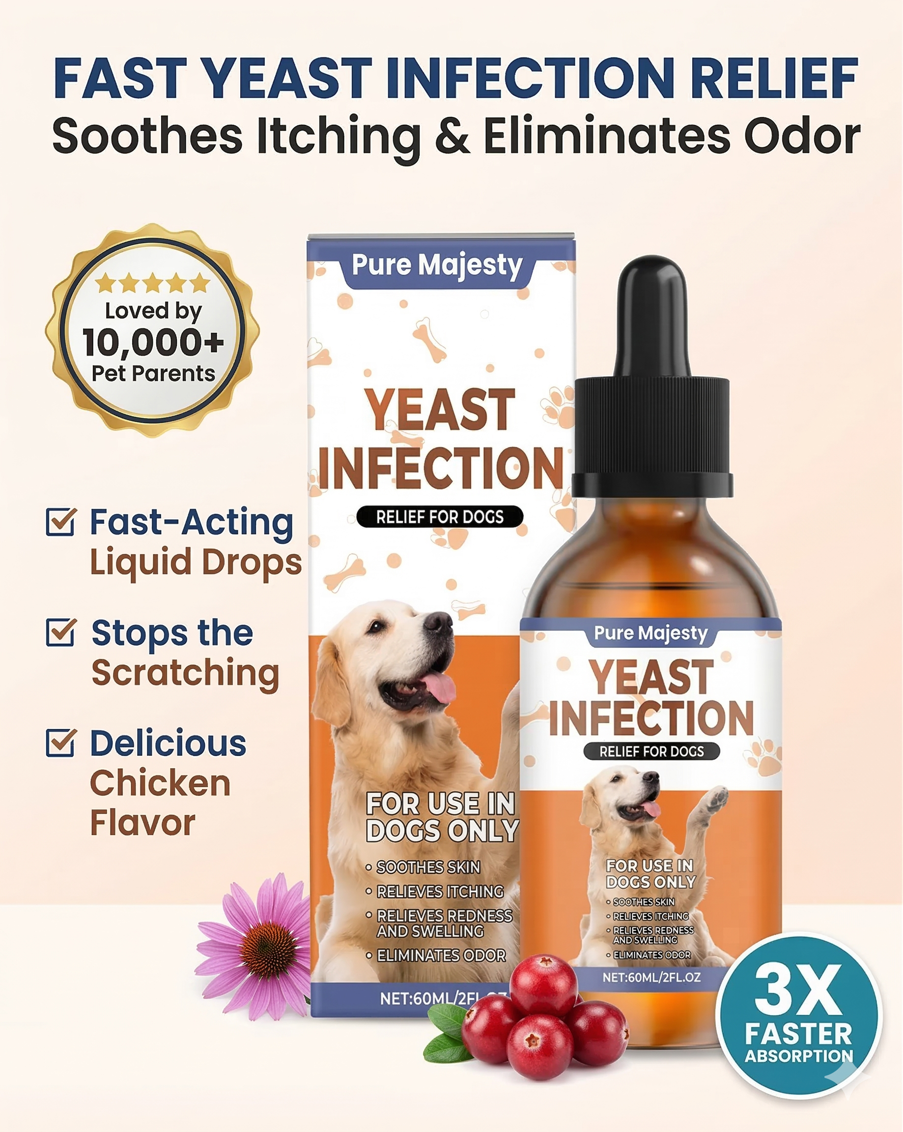 Pure Majesty Pets natural dog yeast infection treatment drops for itchy skin, ears and paws