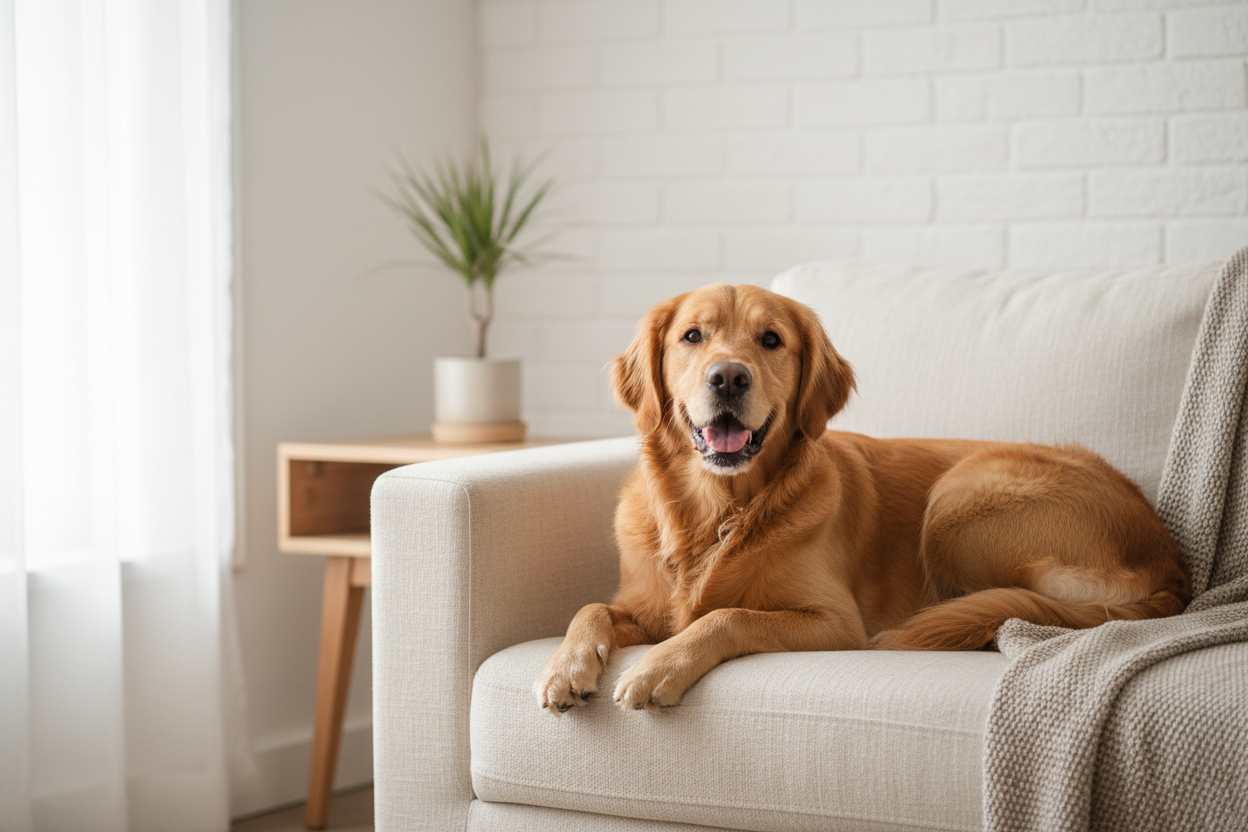 Healthy golden retriever dog with a calm shiny coat resting on a couch, illustrating the gut-skin axis in dogs and why balanced gut health reduces chronic itching and atopic dermatitis