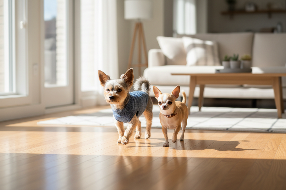 Best joint supplement for senior dogs — two senior small-breed dogs walking comfortably indoors
