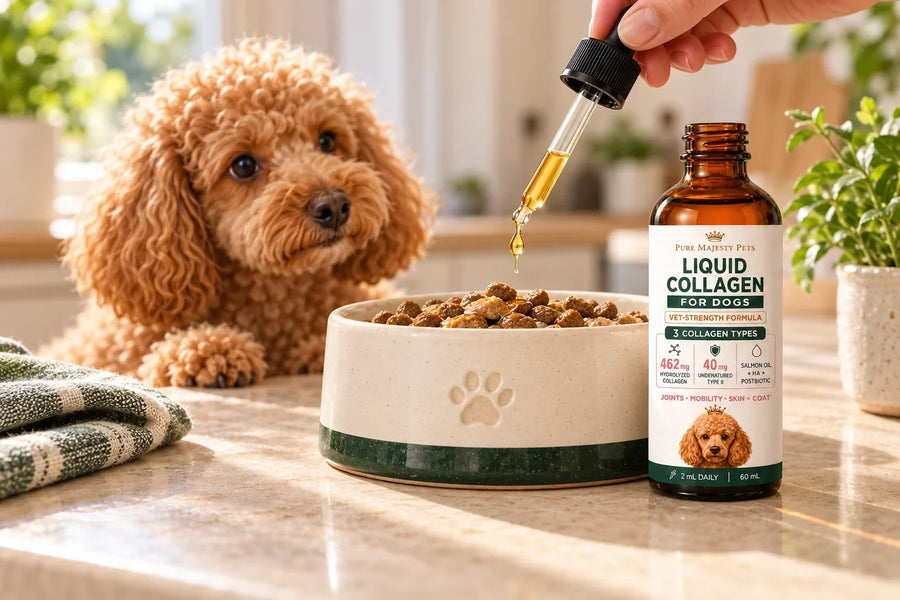 Apricot poodle beside a food bowl as Pure Majesty Pets liquid collagen is measured with a dropper.