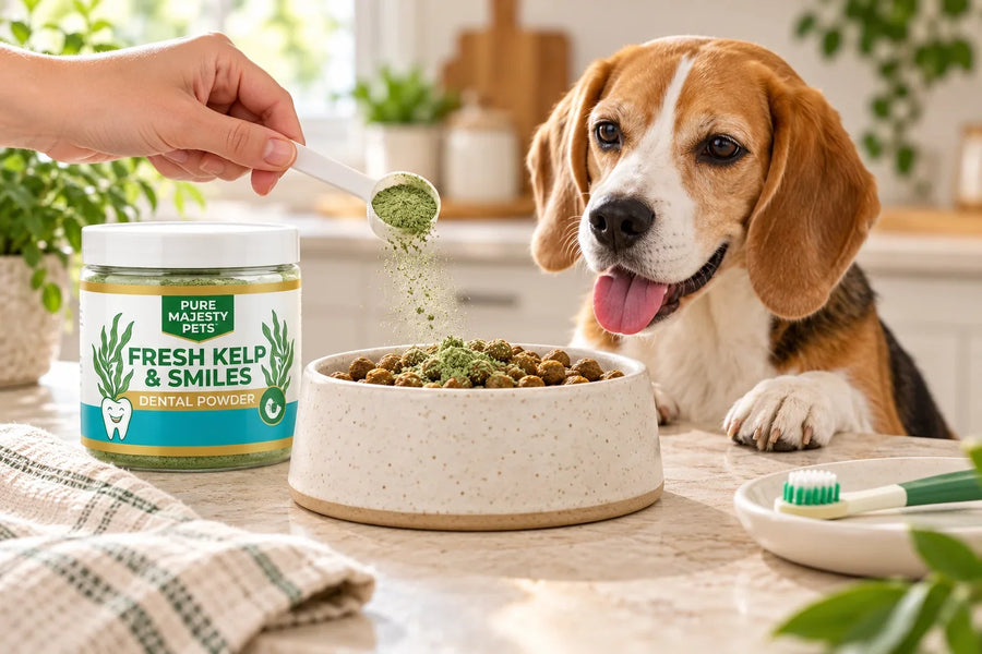 Pure Majesty Pets dental powder with a small scoop above a dog's meal bowl beside a beagle.