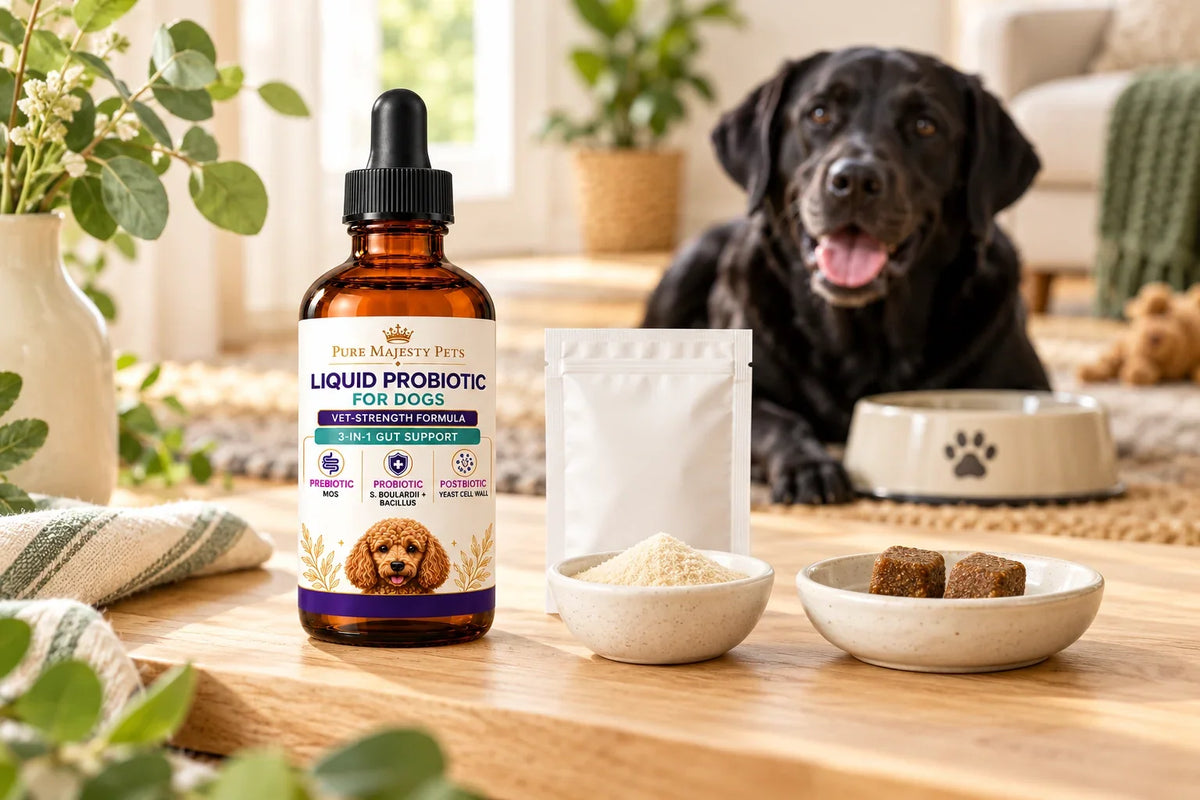 Pure Majesty Pets liquid probiotic beside powder and chew formats for a dog-probiotic comparison.
