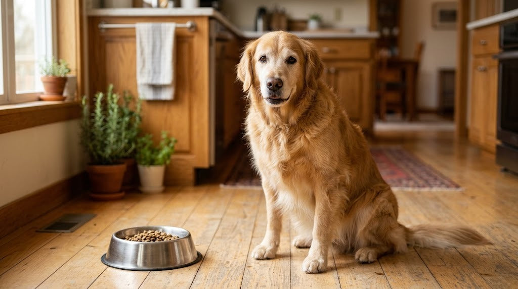 Senior golden retriever with clear bright eyes beside a food bowl, illustrating daily eye supplement support for dogs
