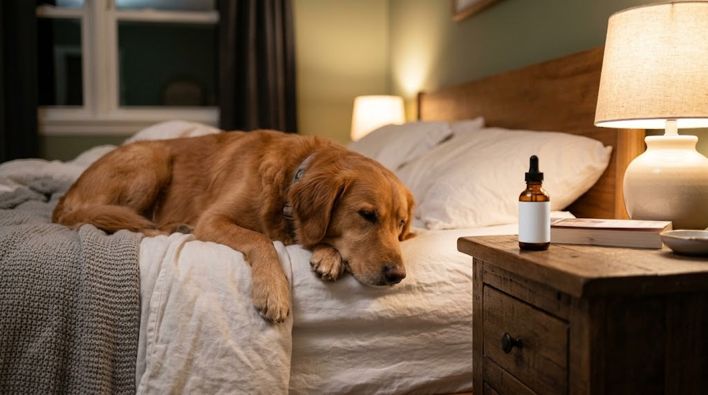 Calm golden retriever resting on a bed at night beside an amber dropper bottle on the nightstand
