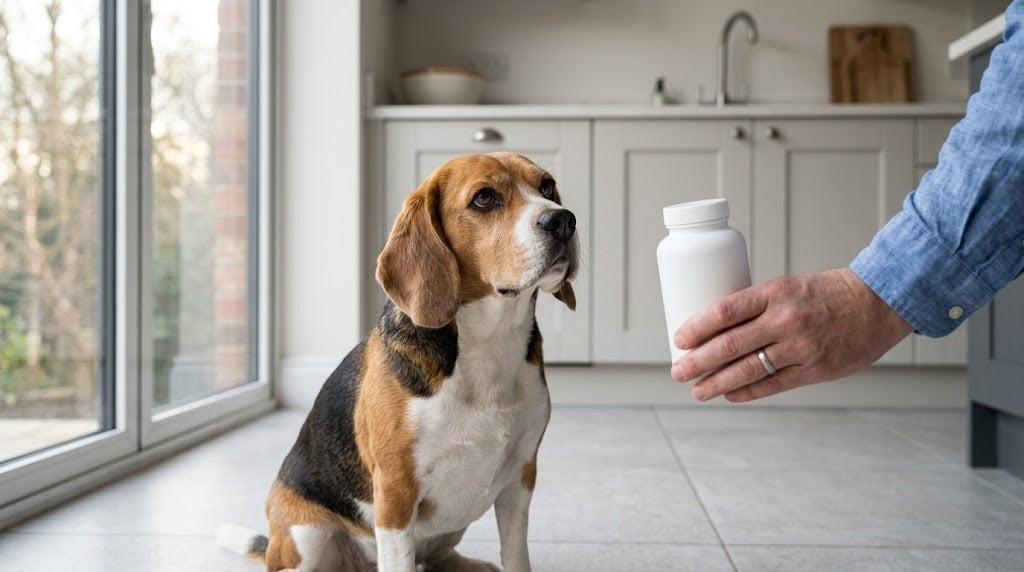 Anxious beagle beside an owner holding a plain bottle, illustrating over the counter anxiety meds for dogs