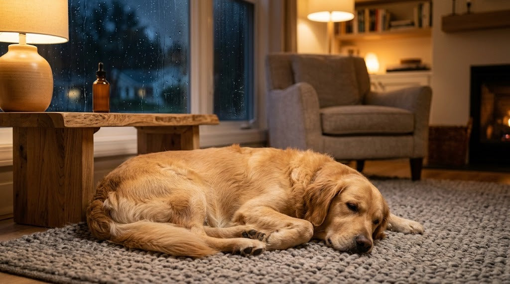 Relaxed golden retriever settled on a rug at night beside an amber dropper bottle of calming drops for dogs