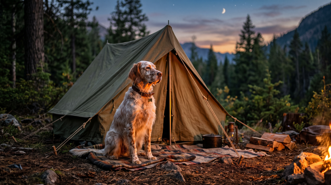 English Setter sitting beside a tent at a forest campsite at dusk, camping with dogs tent tips